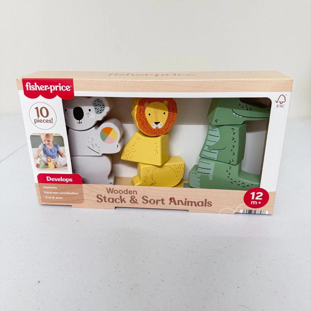 Fisher Price Wooden Stack & Sort Animals 12M+ 10 Pcs, Koala, Lion, Crocodile NEW